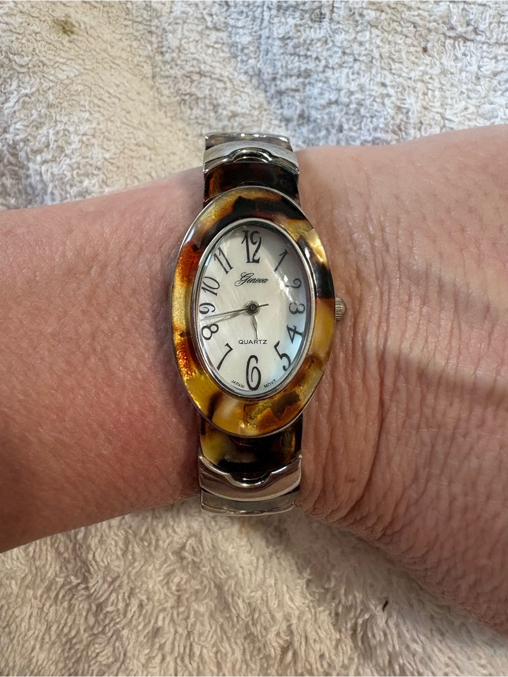 Geneva Tortoise Shell Silver Cuff Watch 6.5” NEW Battery
